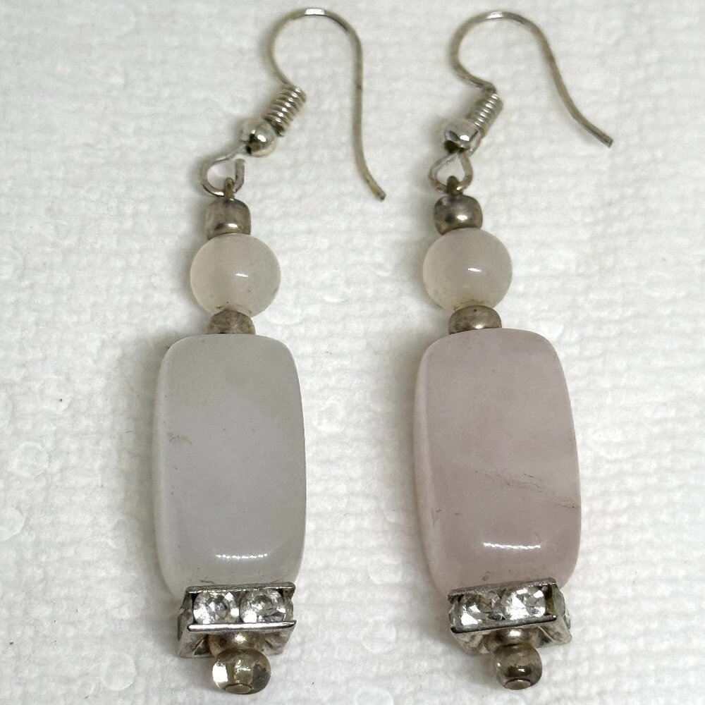 Rose quartz earrings, silvertone, nice vintage